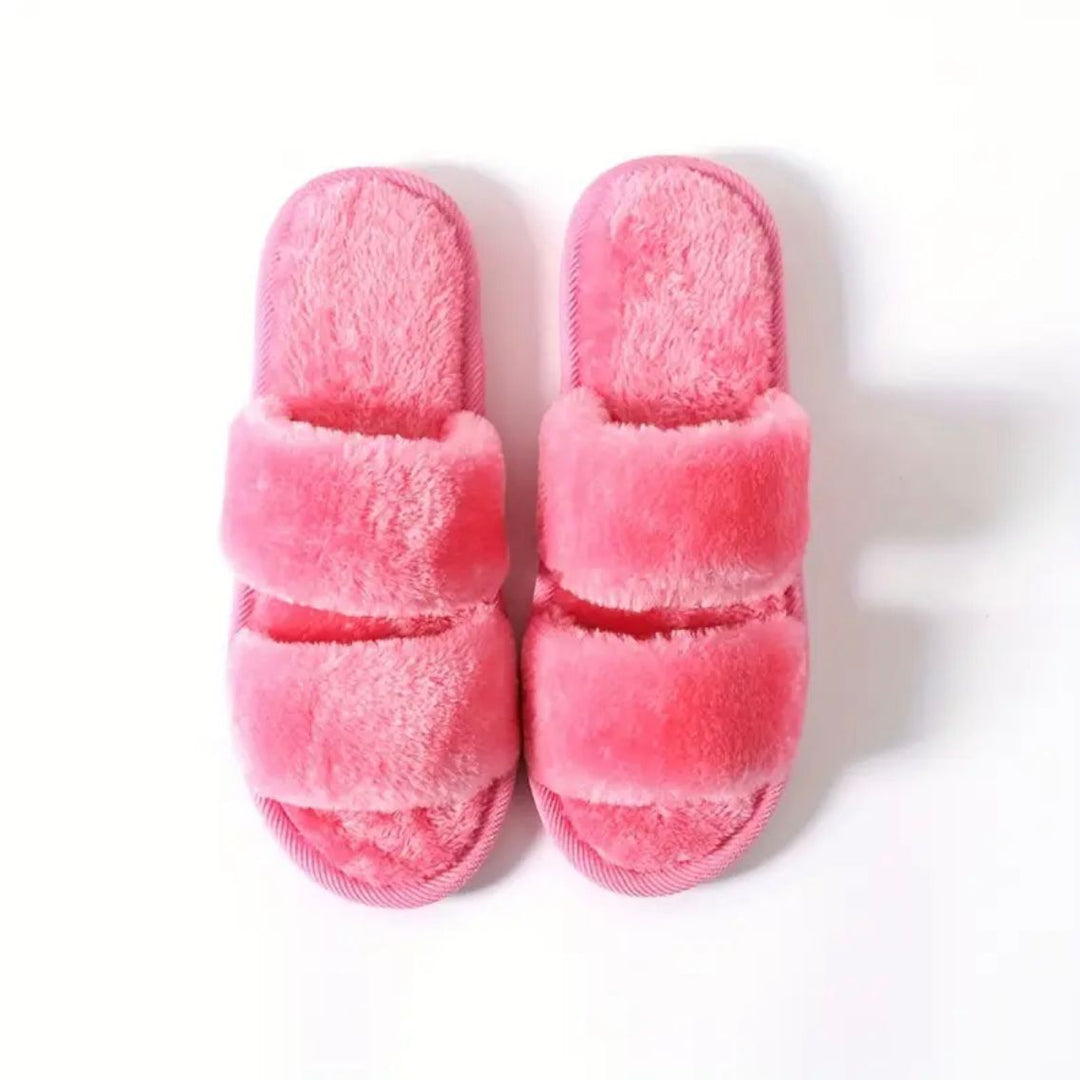 Pink Double Strap Fluffy Slides