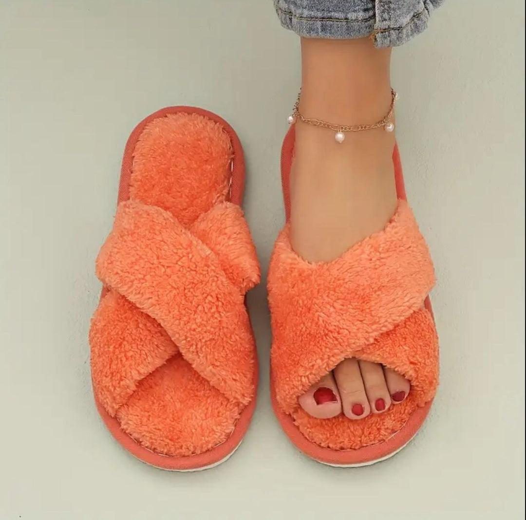 Orange Cross Fluffy Slides