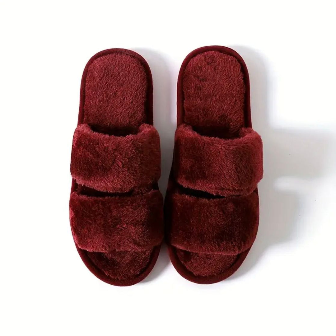 Burgundy Double Strap Fluffy Slides