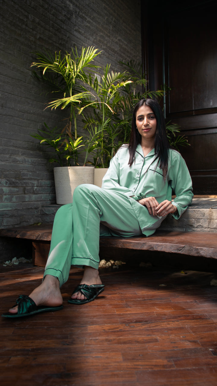 Pastel Green Linen Solid PJ Set