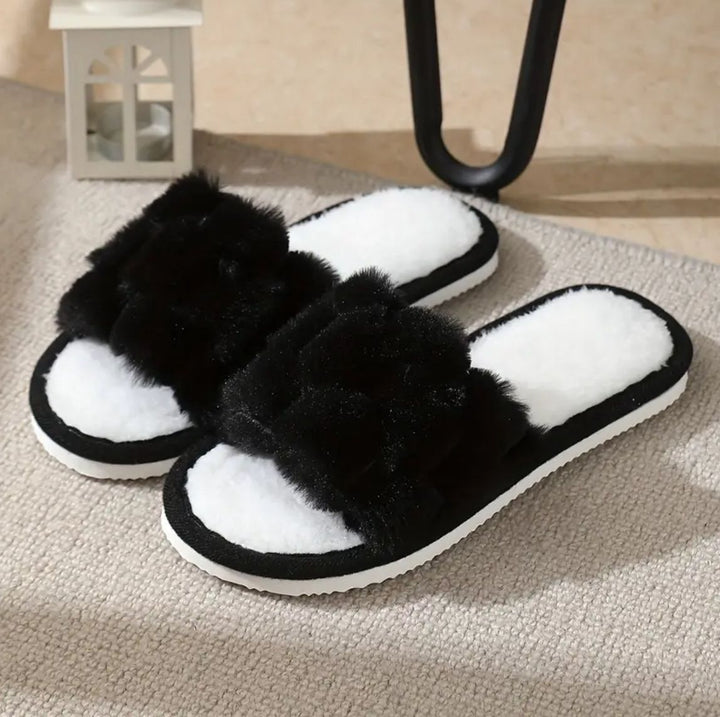 Black Fluffy Slides
