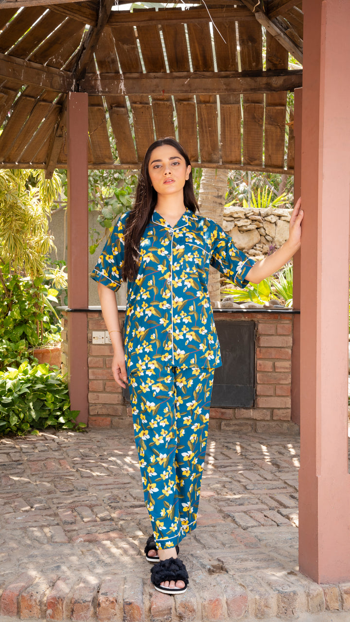 Teal Blue Flowers Half Sleeves PJ Set