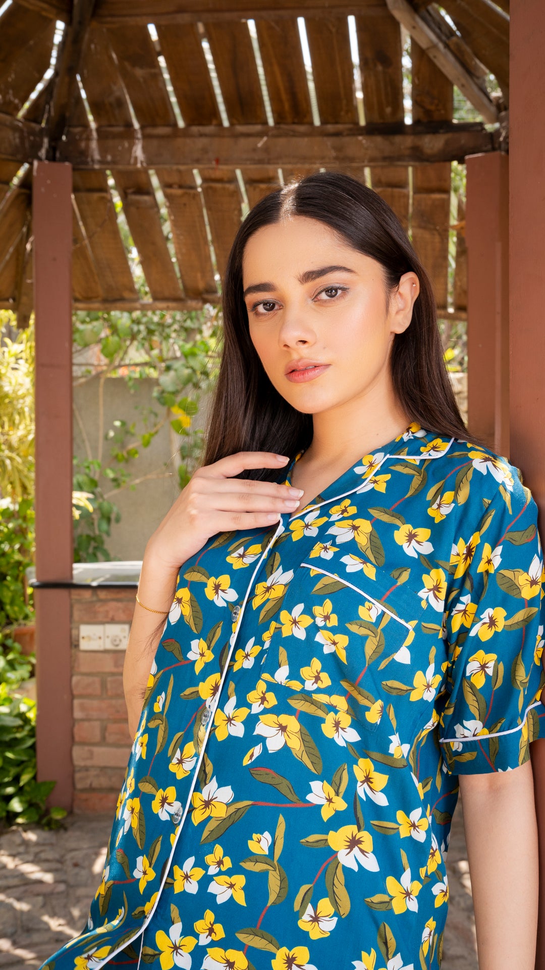 Teal Blue Flowers Half Sleeves PJ Set