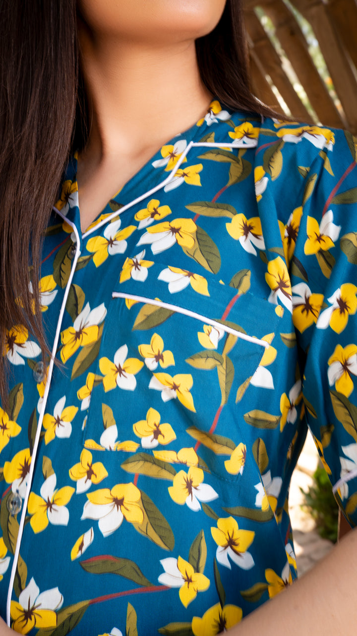 Teal Blue Flowers Half Sleeves PJ Set