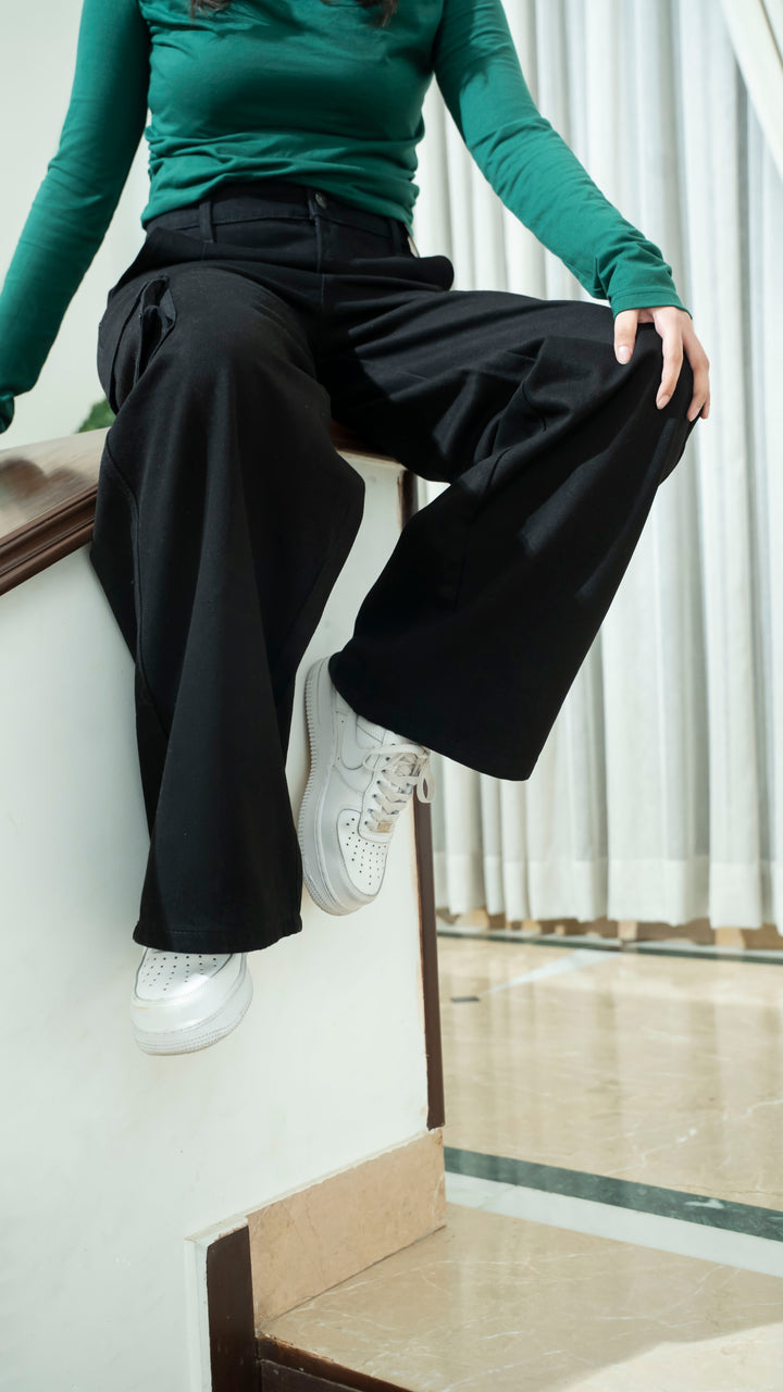 Jet Black Wide Leg Cargo Jeans