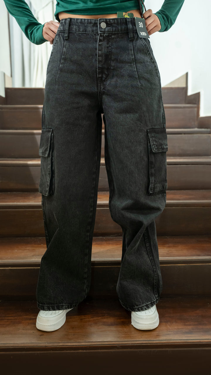 Charcoal Gray Wide Leg Cargo Jeans