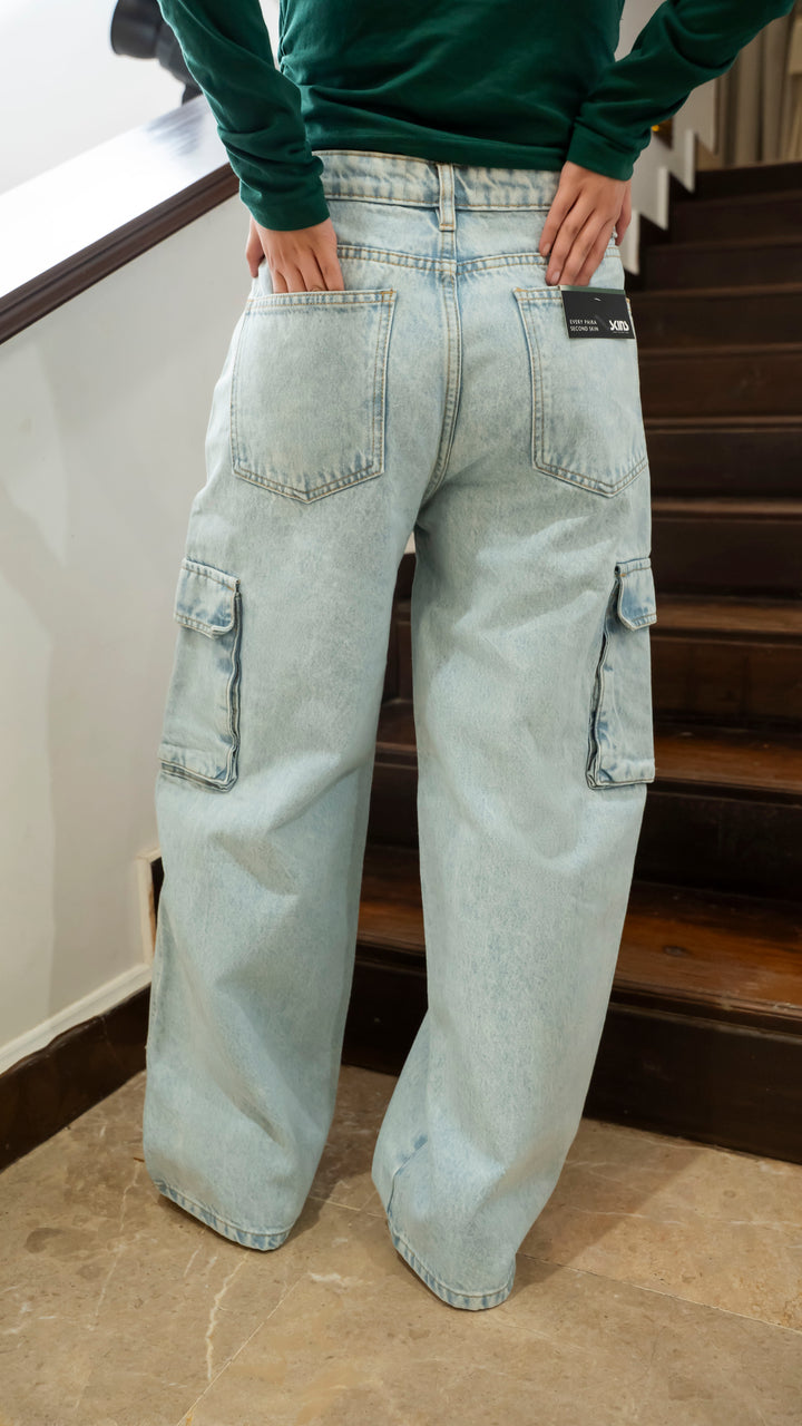 Ice Blue Wide Leg Cargo Jeans