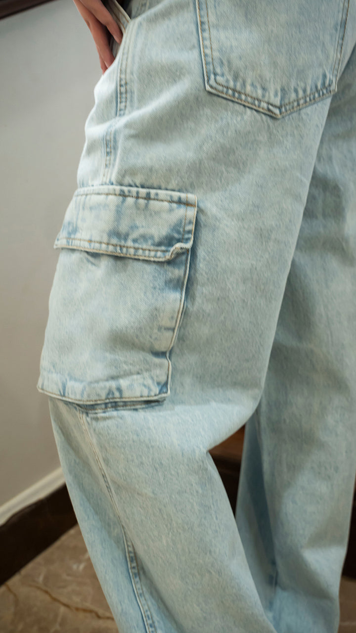 Ice Blue Wide Leg Cargo Jeans