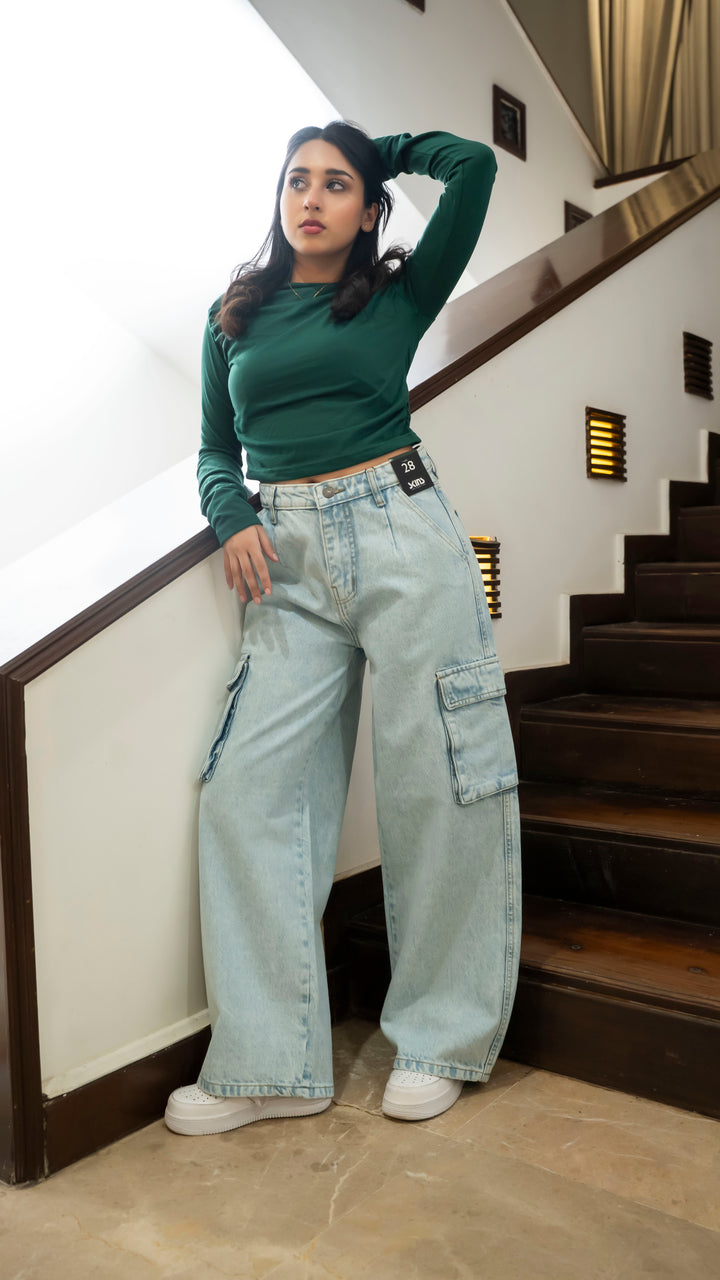 Ice Blue Wide Leg Cargo Jeans