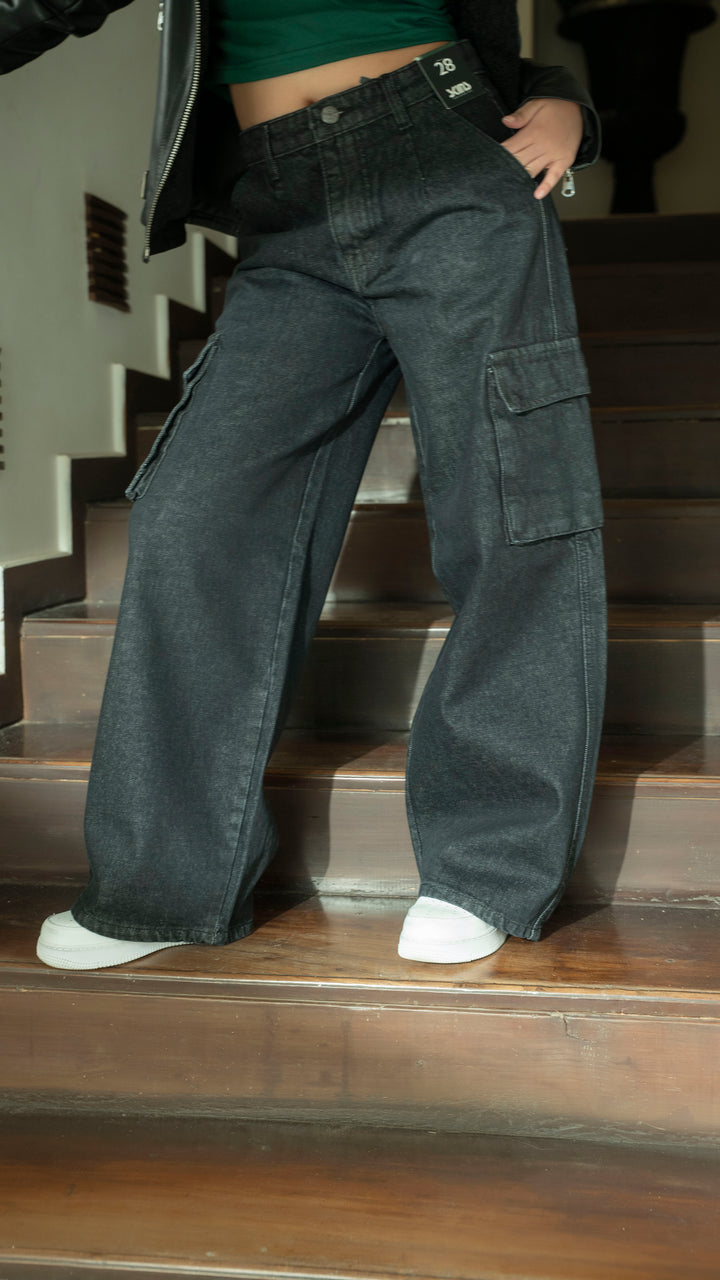 Black Wide Leg Cargo Jeans