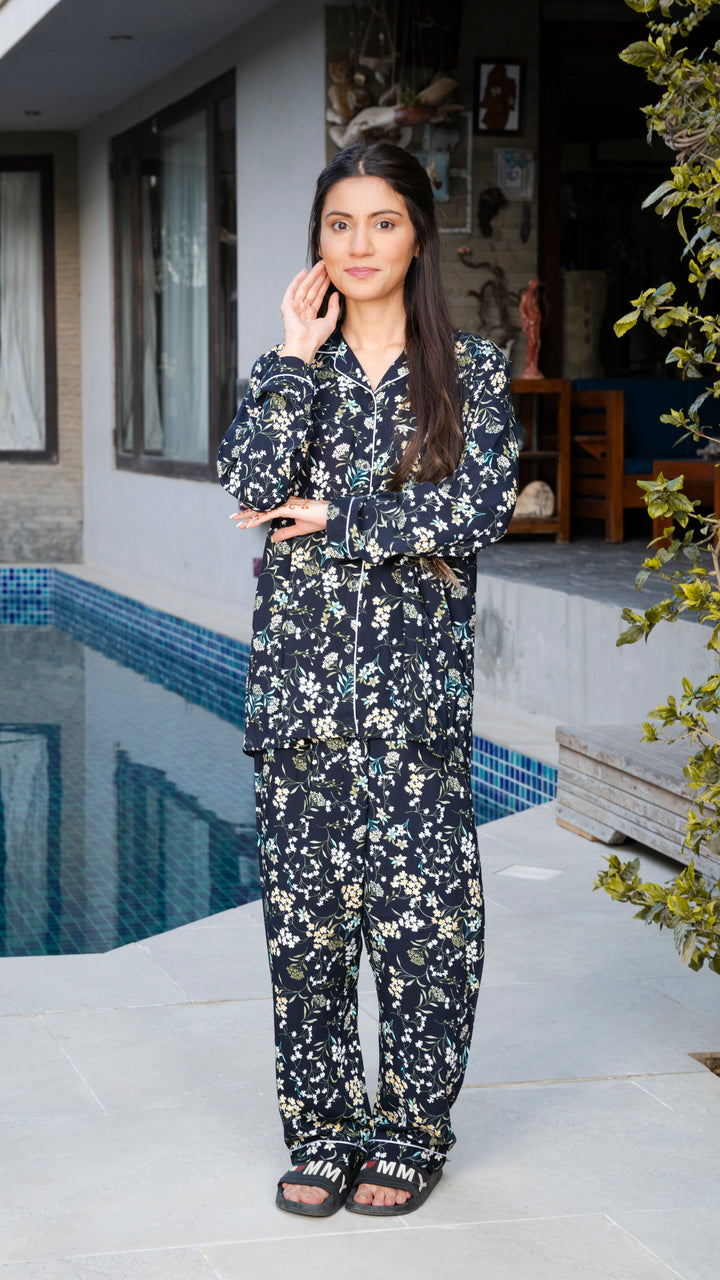Dark Blue Flowers PJ Set