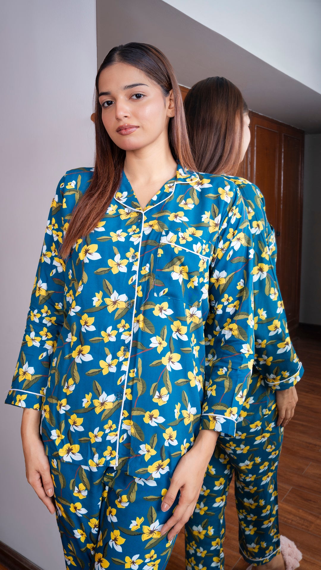 Teal Blue Flowers PJ Set