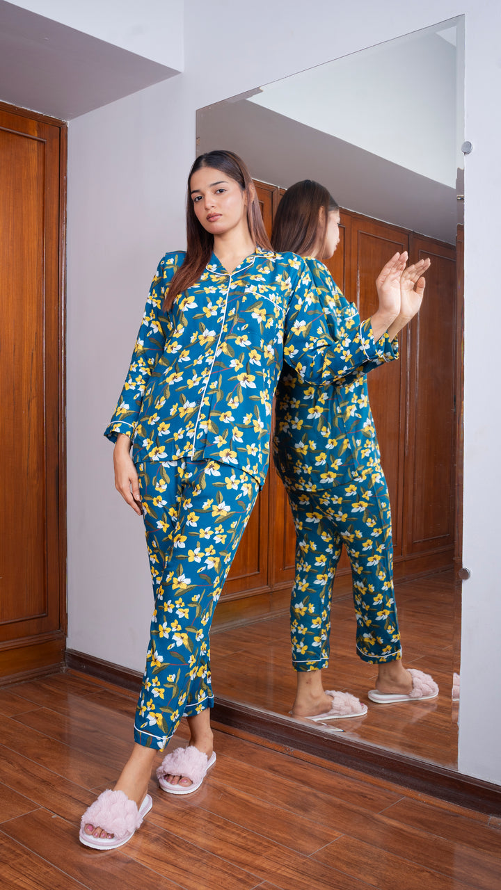 Teal Blue Flowers PJ Set