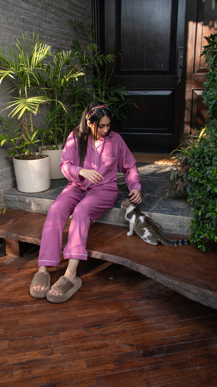 Light Pink Linen Solid PJ Set
