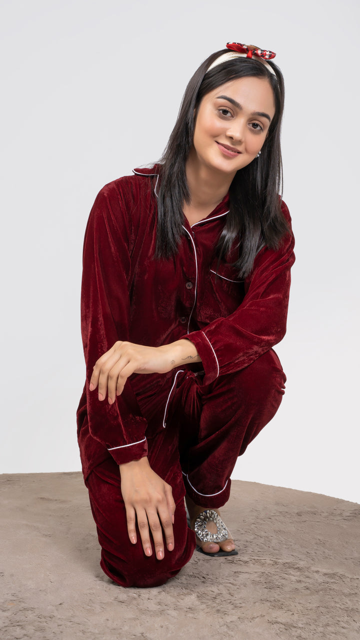 Maroon Premium Velvet PJ Set