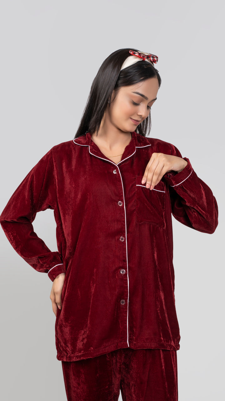 Maroon Premium Velvet PJ Set