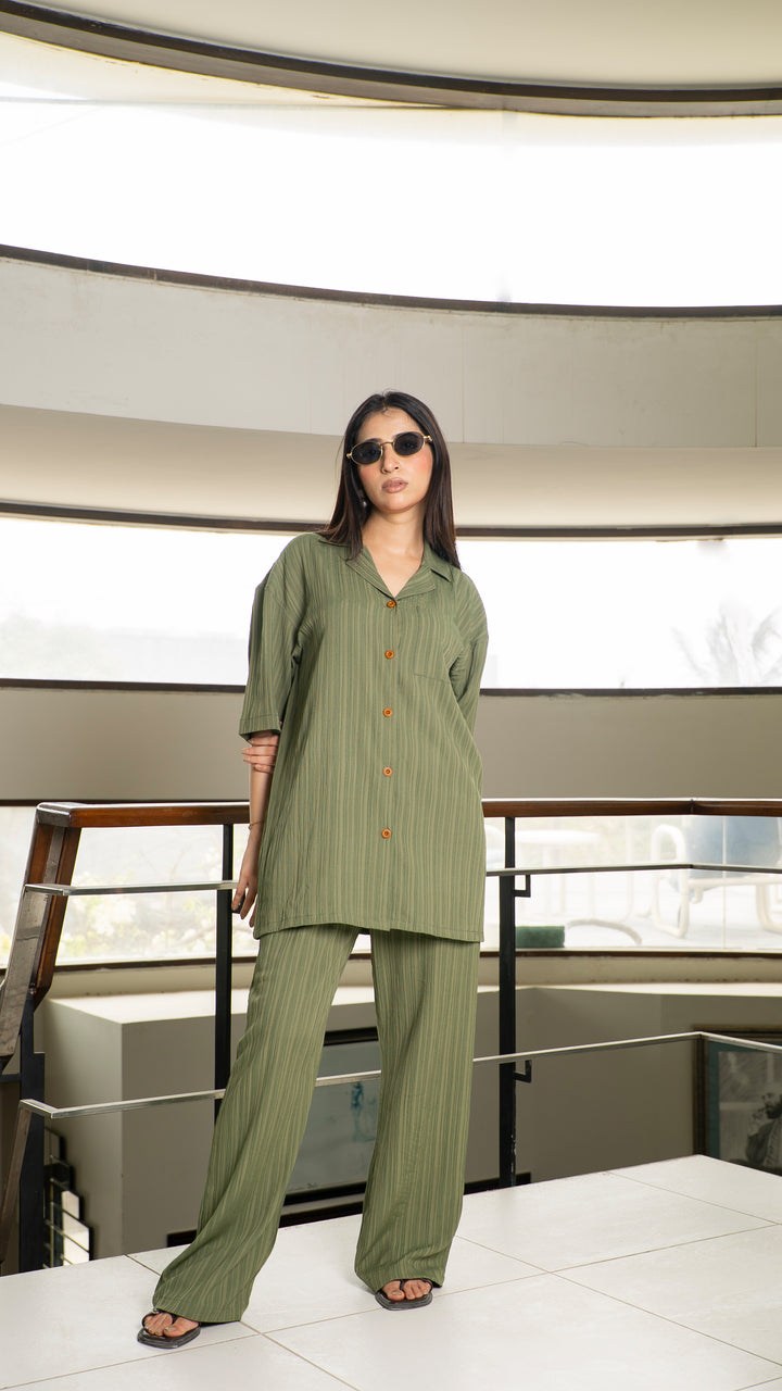 Olive Green Textured Co-Ord Set - Half Sleeves