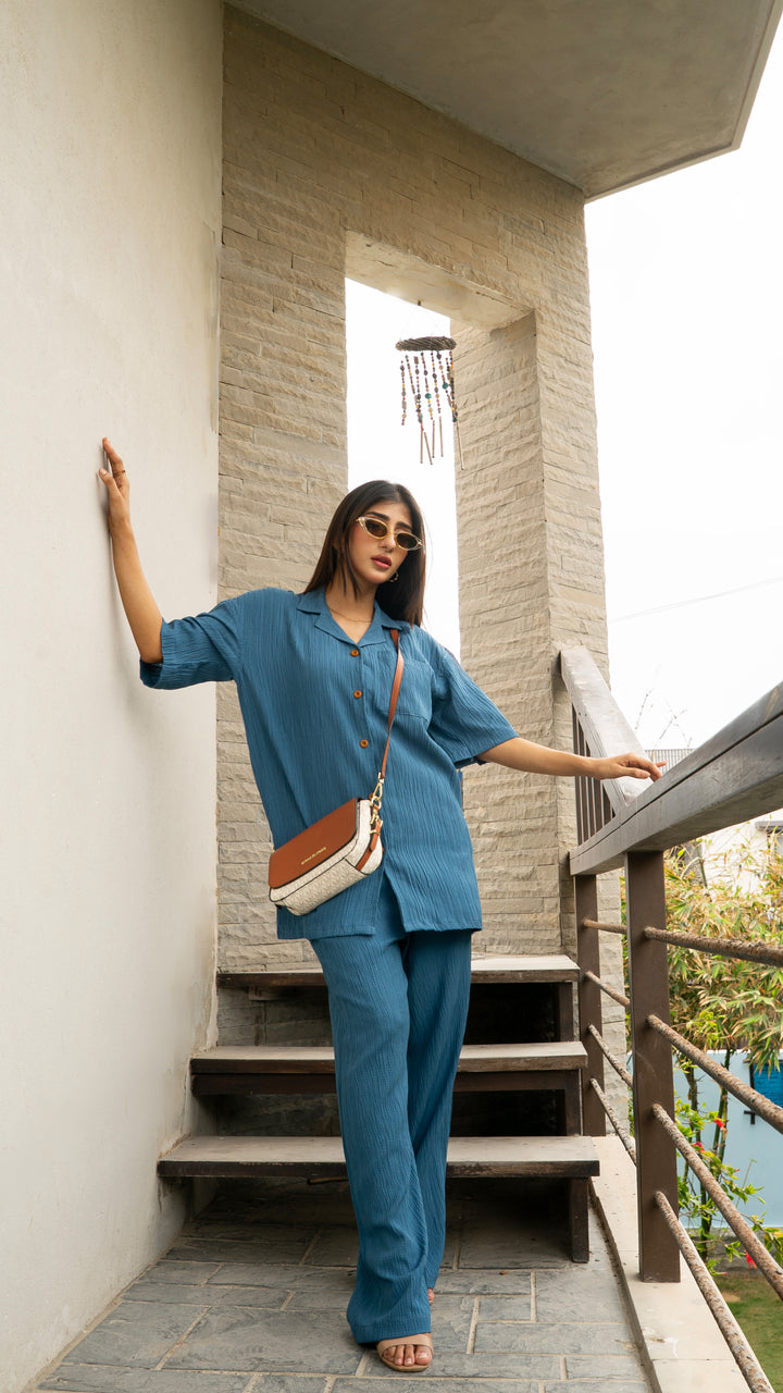 Teal Blue Textured Co-Ord Set - Half Sleeves