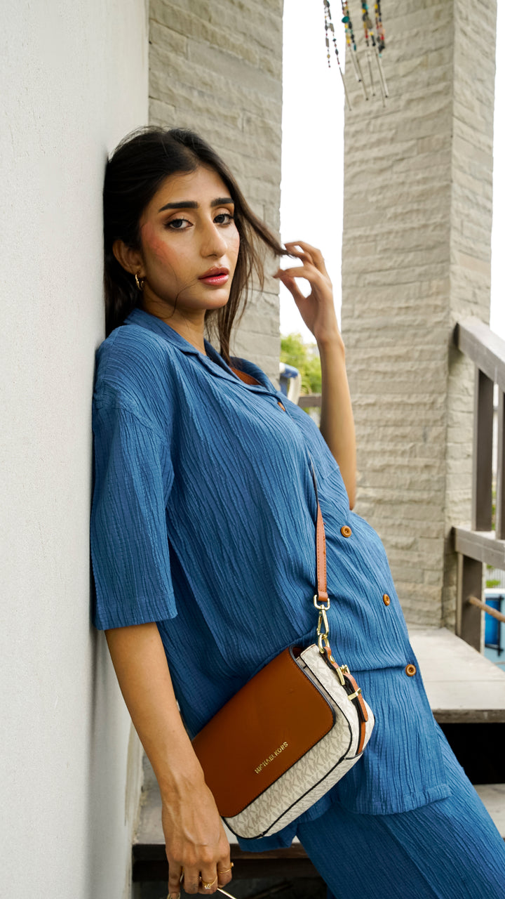 Teal Blue Textured Co-Ord Set - Half Sleeves