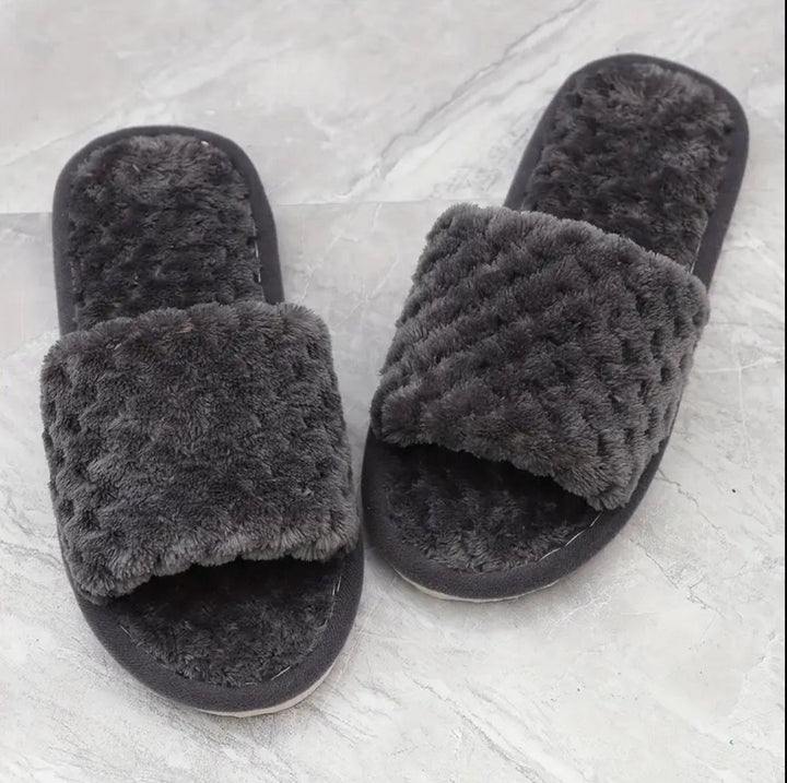 Dark Grey Fluffy Slides